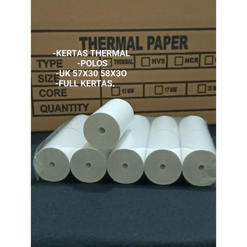 

( 100 ROLL ) KERTAS THERMAL POLOS 57X30mm FULL KERTAS (HARGA UNTUK 100 ROLL)