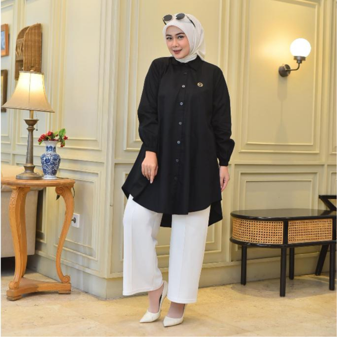 MARISSYA Tunik Bahan Katun Jepang Polos Full Kancing Kemeja Wanita Polos Tunik Lengan Panjang