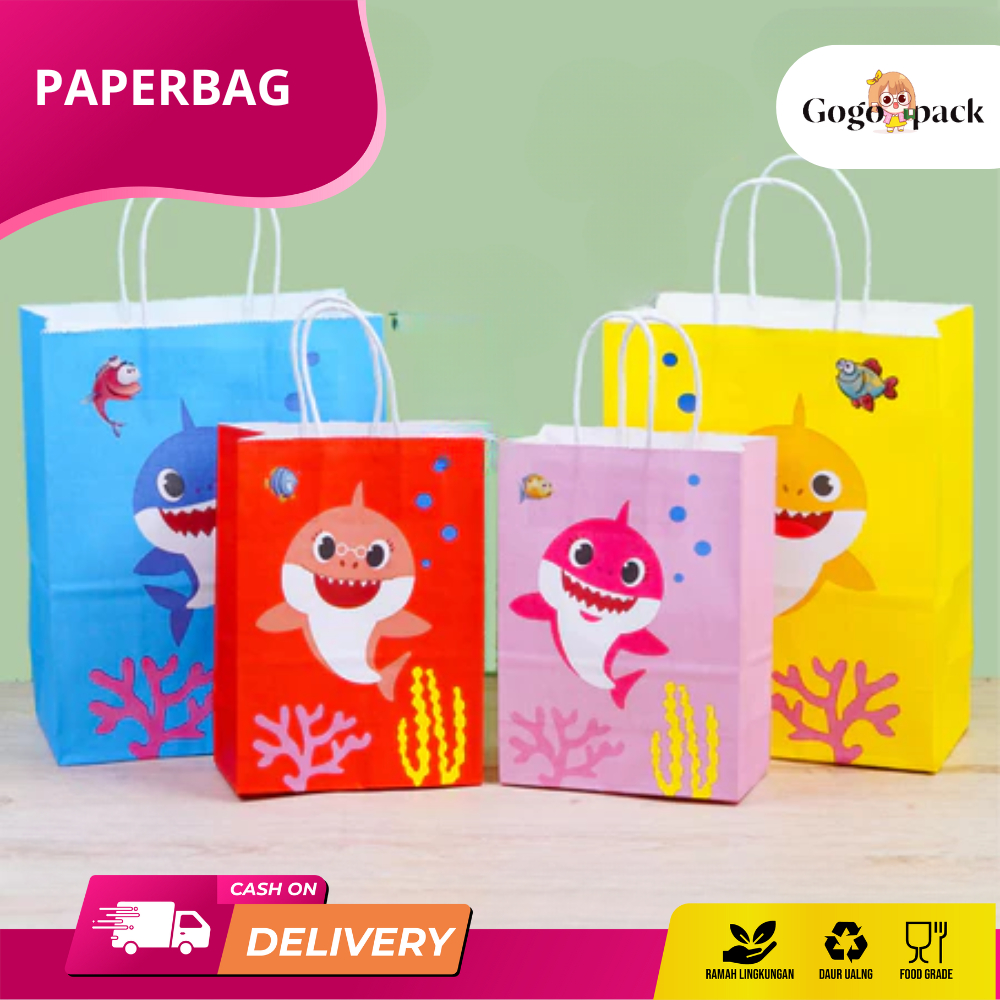 

Paper Bag Kantong Kertas Motif Baby Shark / Goodie Bag Kraft Hampers Souvenir Ulang Tahun Anak I AK02K2