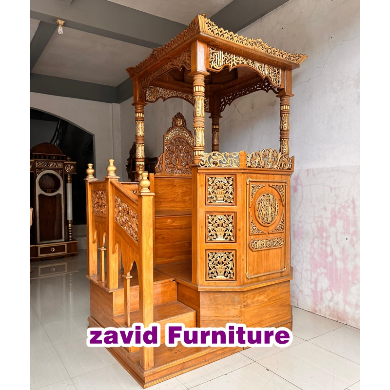 Mimbar masjid tangga samping, mimbar masjid tangga, mimbar masjid kayu jati, mimbar masjid tangga ka