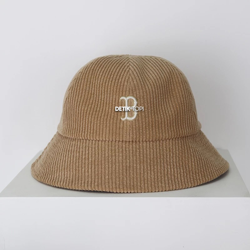 Topi Bucket Cap Boston Corduroy MLB Korea Brown Logo Bordir