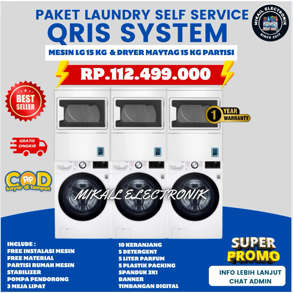 PAKET LAUNDRY SELF SERVICE QRIS 3 SET MESIN CUCI LG 15 DRYER MAYTAG