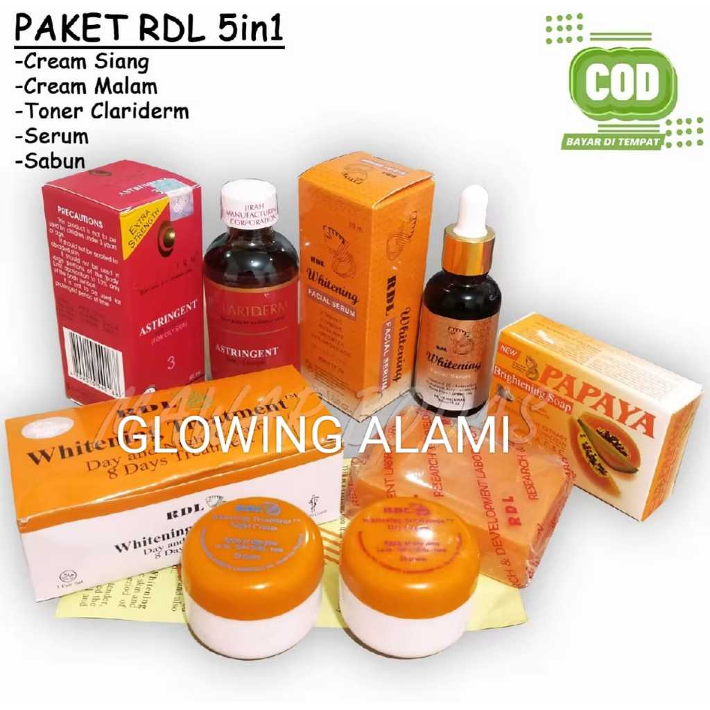 Paket Lengkap RDL 5in1 Cream Rdl Whitening 1set Siang Malam Serum Rdl Glowing Ori 30ml Plus Sabun Pa