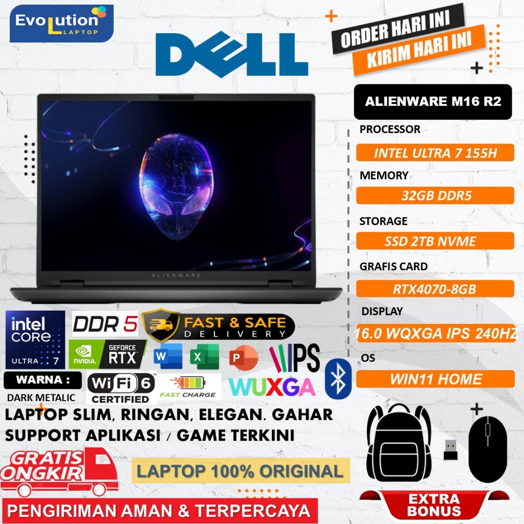LAPTOP GAMING ALIENWARE M16 R2 INTEL ULTRA 7 155H 16GB DDR5 1TB RTX4070-8GB 16.0 WQXGA IPS 240HZ RGB