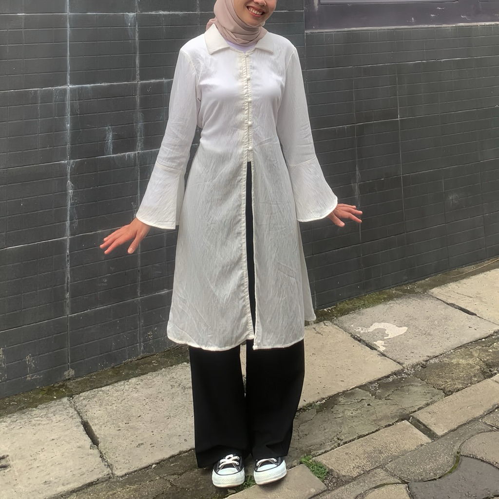 Crinkle Bell-Sleeve Tunik / Tunik Kondangan / Tunik Crinkle Linen / Midi Dress