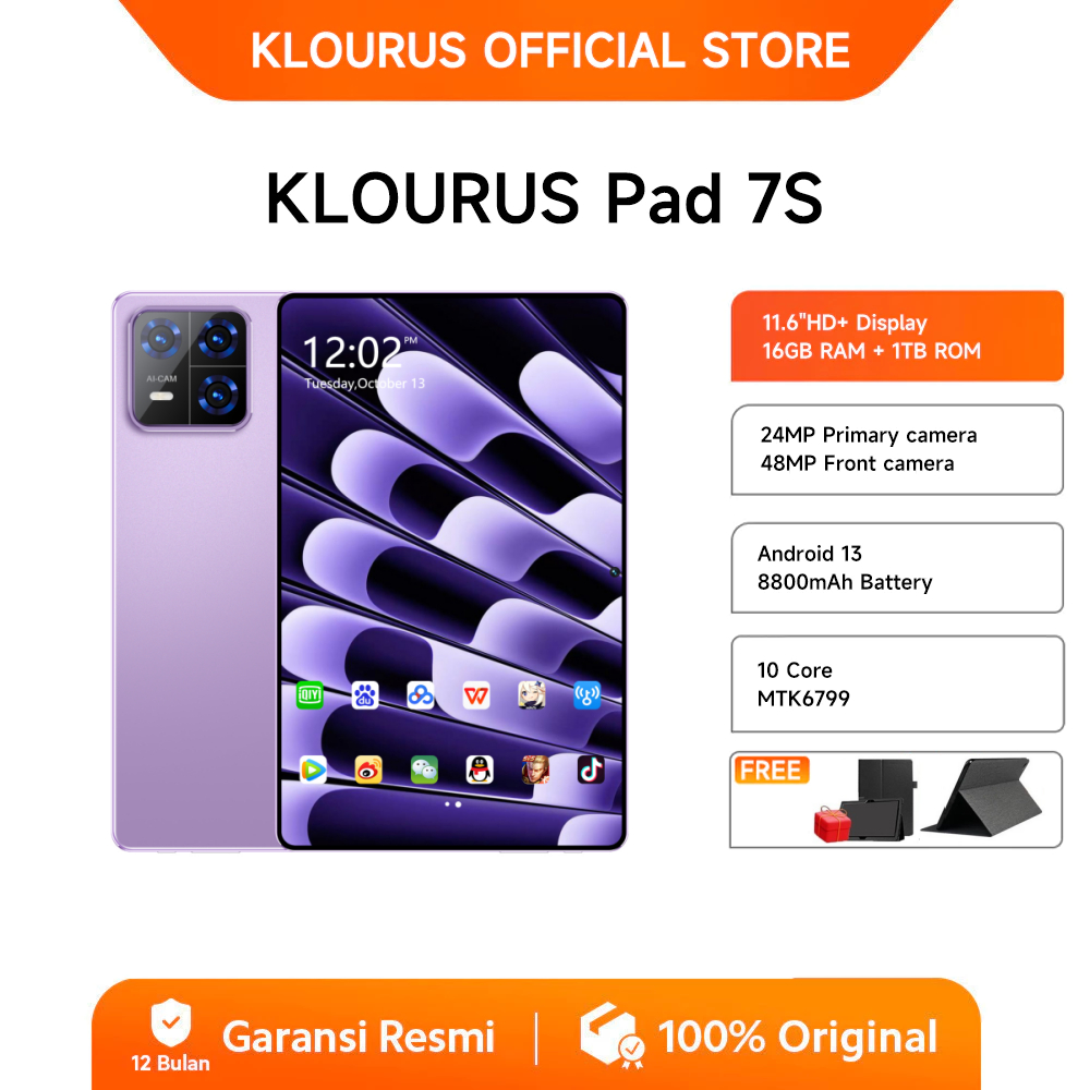 KLOURUS Tablet Pad 7s (16GB + 1024GB) | IPS 11.6" | Tablet Murah untuk Belajar,Gaming, Kerja & Hibur