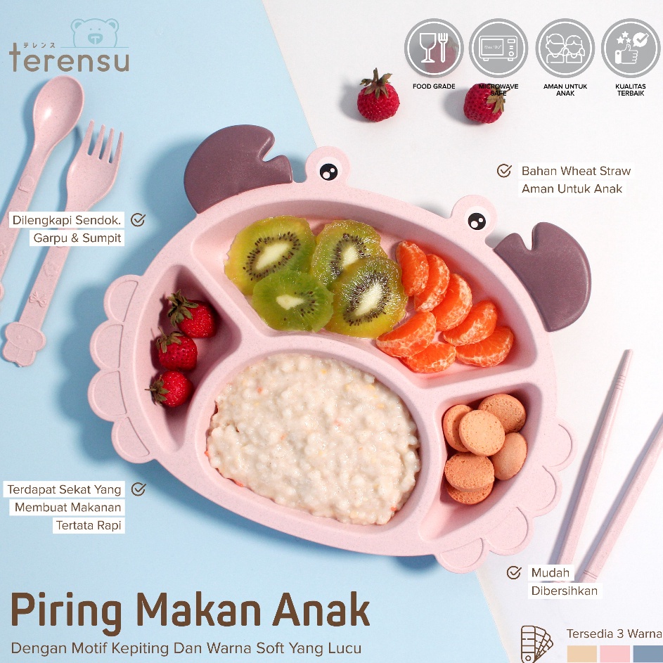 Piring Makan Anak  Sendok Garpu Sumpit Motif Kepiting Set Perlengkapan Makan