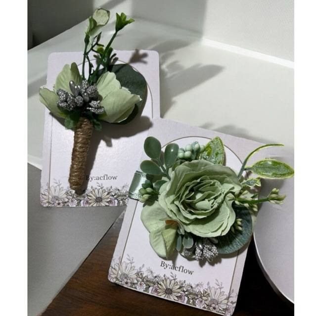 sage green hijau boutonniere wrist flower korsase corsage bunga dada jas bridesmaid groom prom weddi
