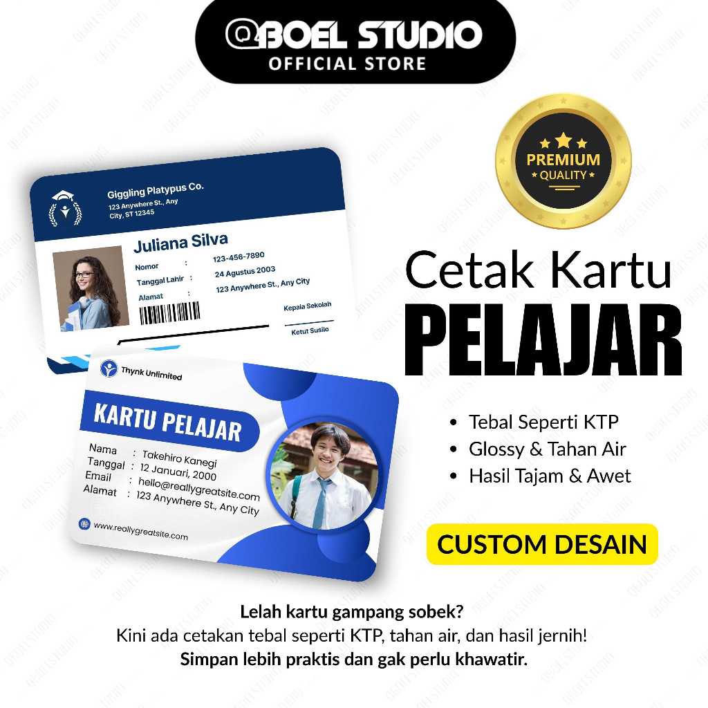 

Cetak Kartu Pelajar SD, SMP, SMA, SMK, Mahasiswa - Bahan Tebal Glossy - Custom 2 Sisi