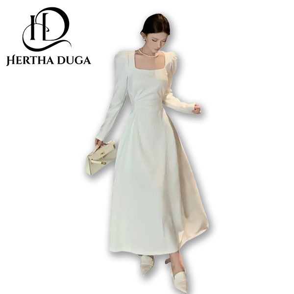 Hertha Duga dress putih pantai lengan panjang evening dress korean style simple elegan casual dress