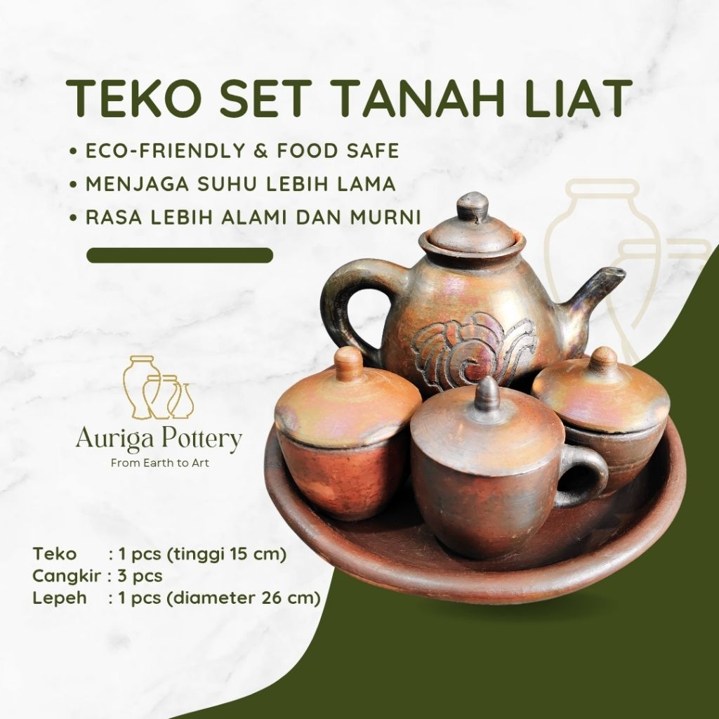 Poci Tea Set Gerabah Tanah Liat - Tea Pot Teko Cangkir - Motif B