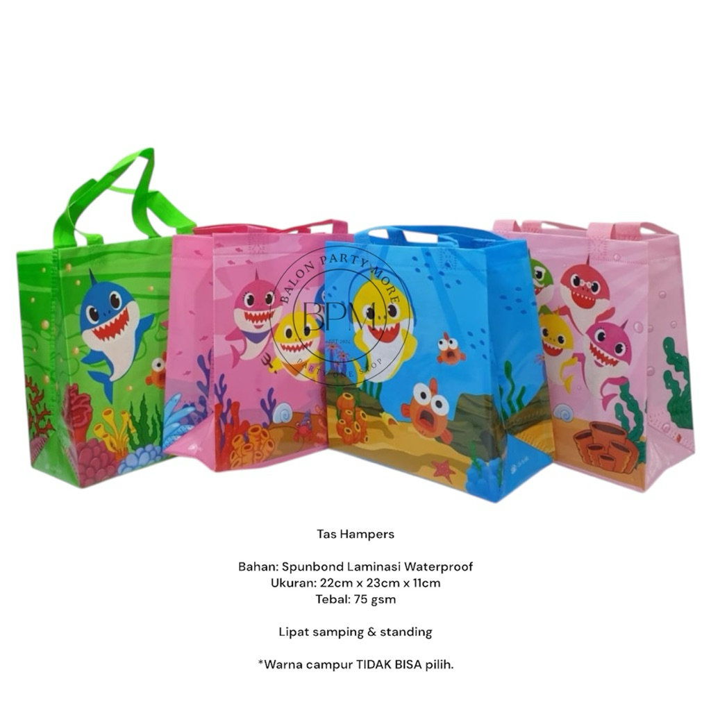 

(ISI 10 PCS BABYSHARK S) TAS HAMPERS SOUVENIR BABY SHARK HAMPERS BESAR BAHAN SPUNBOND LAMINASI UKURAN 22cm x 23cm x 11cm / TAS SERBAGUNA ANTI AIR MURAH