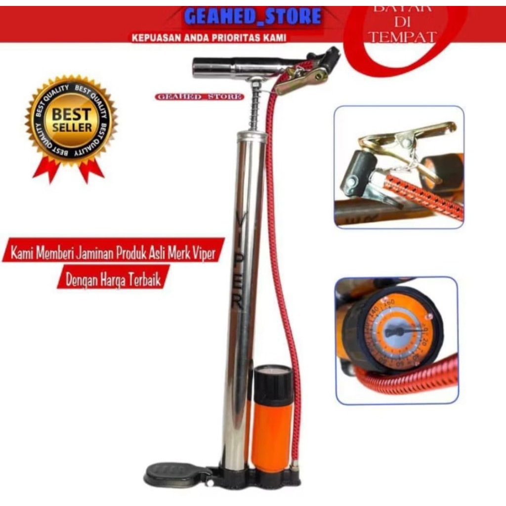 POMPA SEPEDA DAN MOTOR STAINLESS TABUNG METER MERK VIPER - KOMPA ANGIN BAN MOTOR TERMURAH KUALITAS T