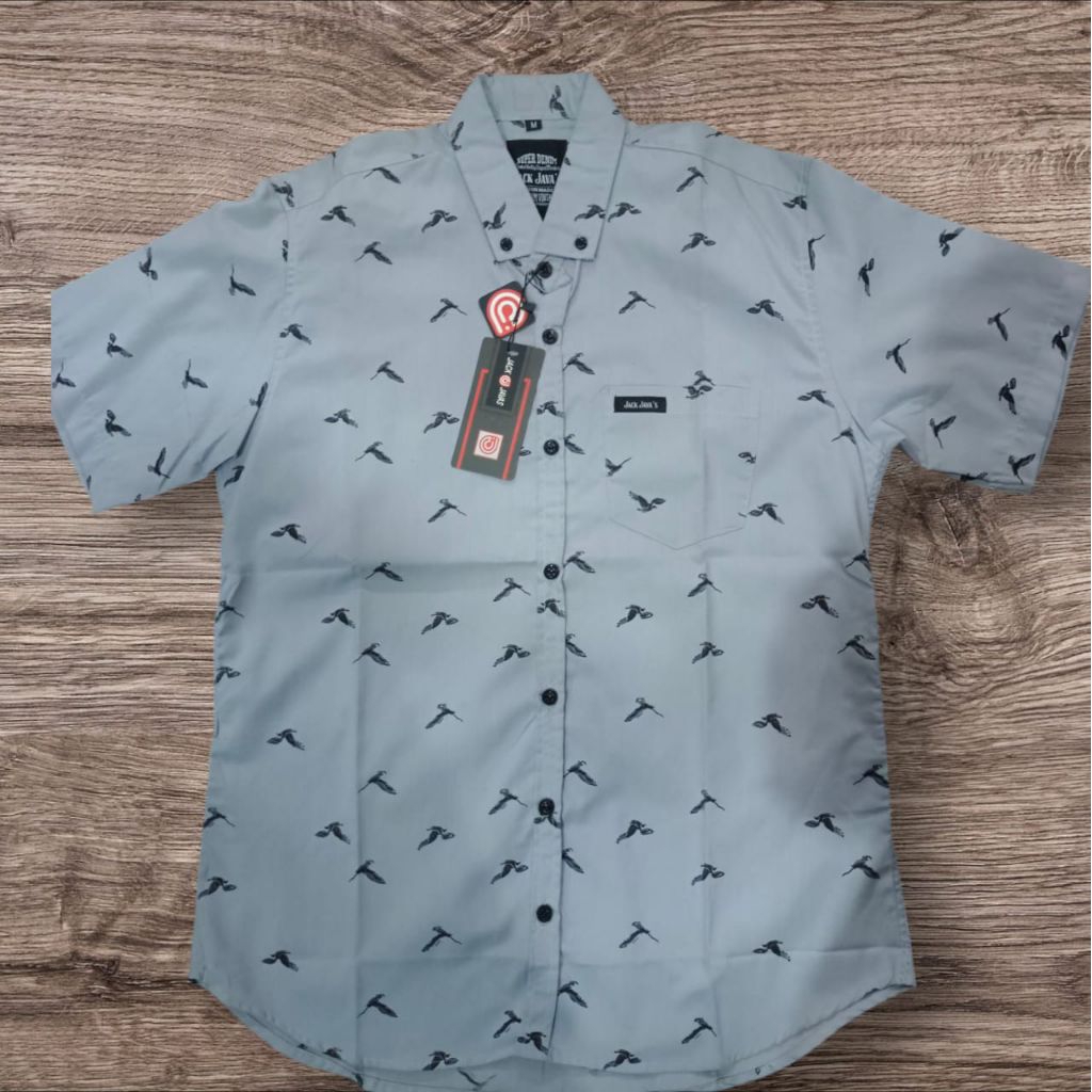 kemeja printing motif lengan pendek pria Hem casual baju atasan katun distro