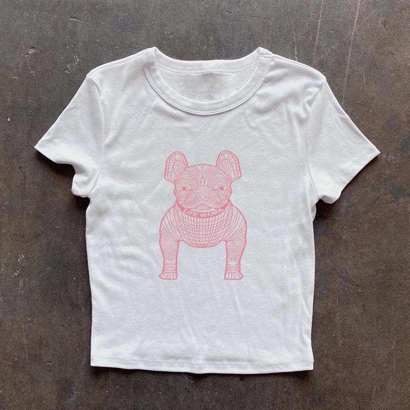 JJ.STOREMotif katak lucu warna pink Korea Retro T-shirt Crop Top Lengan Pendek Kaos Wanita Kaus Baju