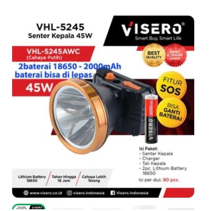 RF4532 Senter kepala 45w cahaya putih VISERO VHL-5245 45w 2baterai lepas18650 by PCM LTC GLODOK