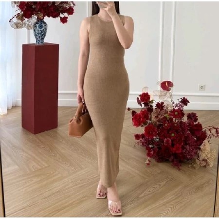 Inner Knit Span Tanpa Lengan // Gaun Rajut Maxi Dres