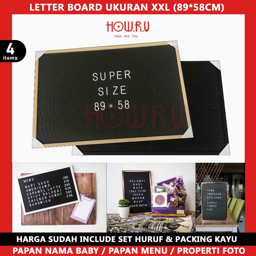 

HOW.R.U | XXL - Letter Board Sudah Include Huruf / Papan Meeting Kantor / Papan Menu / Properti Foto / Konten Medsos / Dekorasi Rumah Viral 89x58 cm