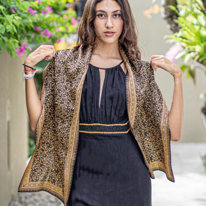 Batik Wayang Scarf In Gift Box - Selendang in Cirebon Black