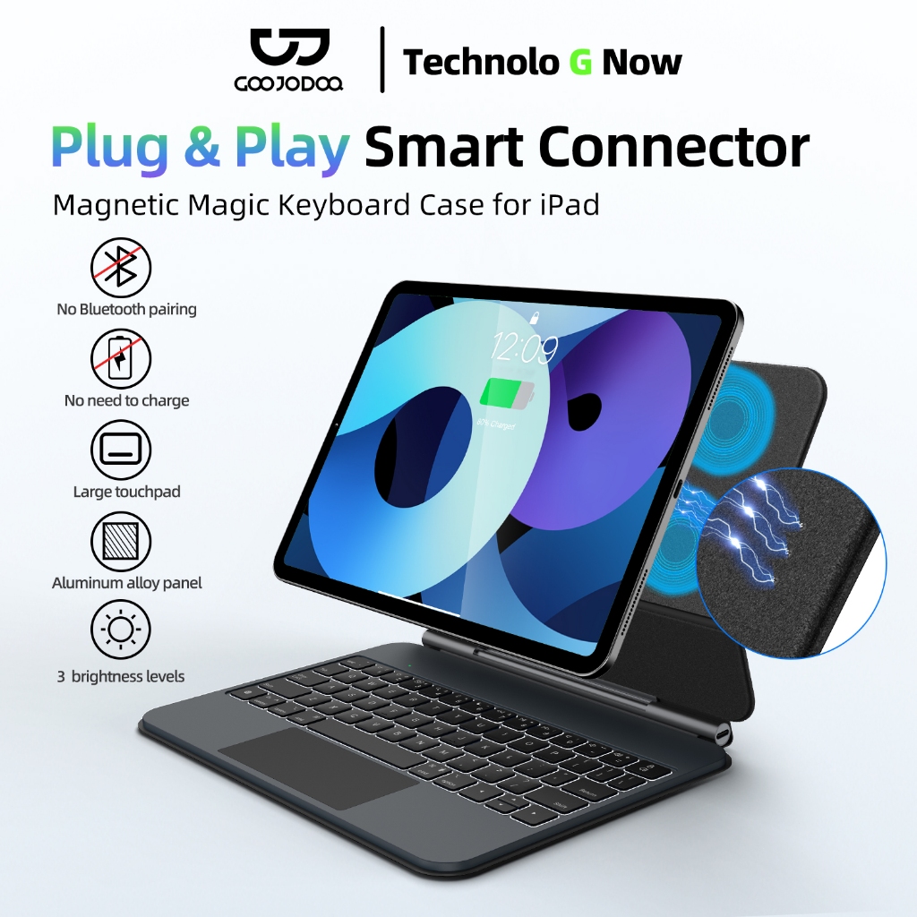 Goojodoq 6th Gen Smart Magic Keyboard for iPad 2018-2025 untuk Aluminium Frame & Reverse Charging - 
