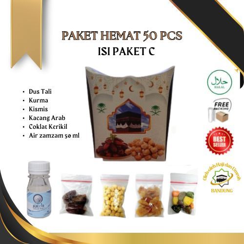 

Oleh Oleh Haji/Umroh Isi 50 Paket C Dus Tali, Botol+Air zam zam, Kurma, Kacang Arab, Kismis, Cokil