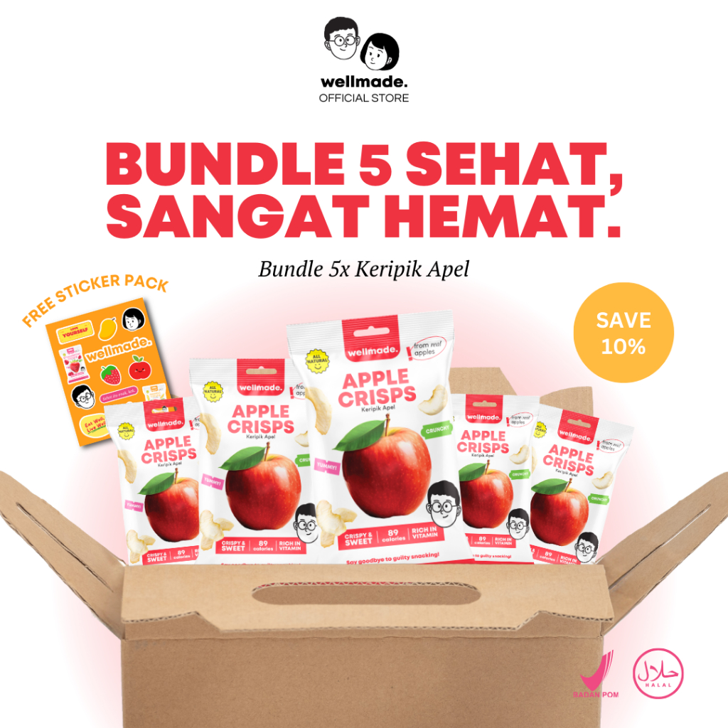 

【Bundle 5pcs】Wellmade Apple Crisps - Keripik Apel Kering Rendah Kalori Camilan Sehat Snack Buah Kering