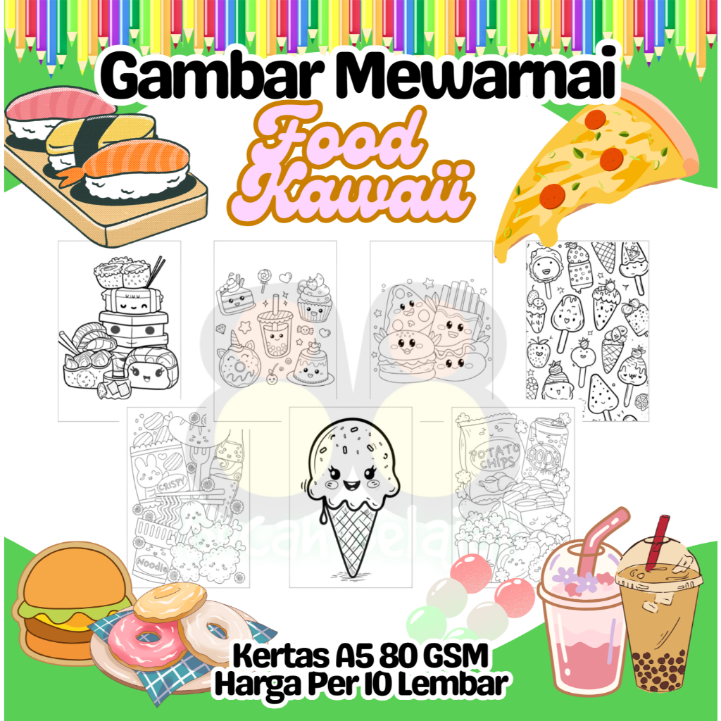 

10 Lembar Kertas A5 Gambar Mewarnai Tema FOOD KAWAII MAKANAN Termurah - Anak Anak TK SD PAUD Remaja