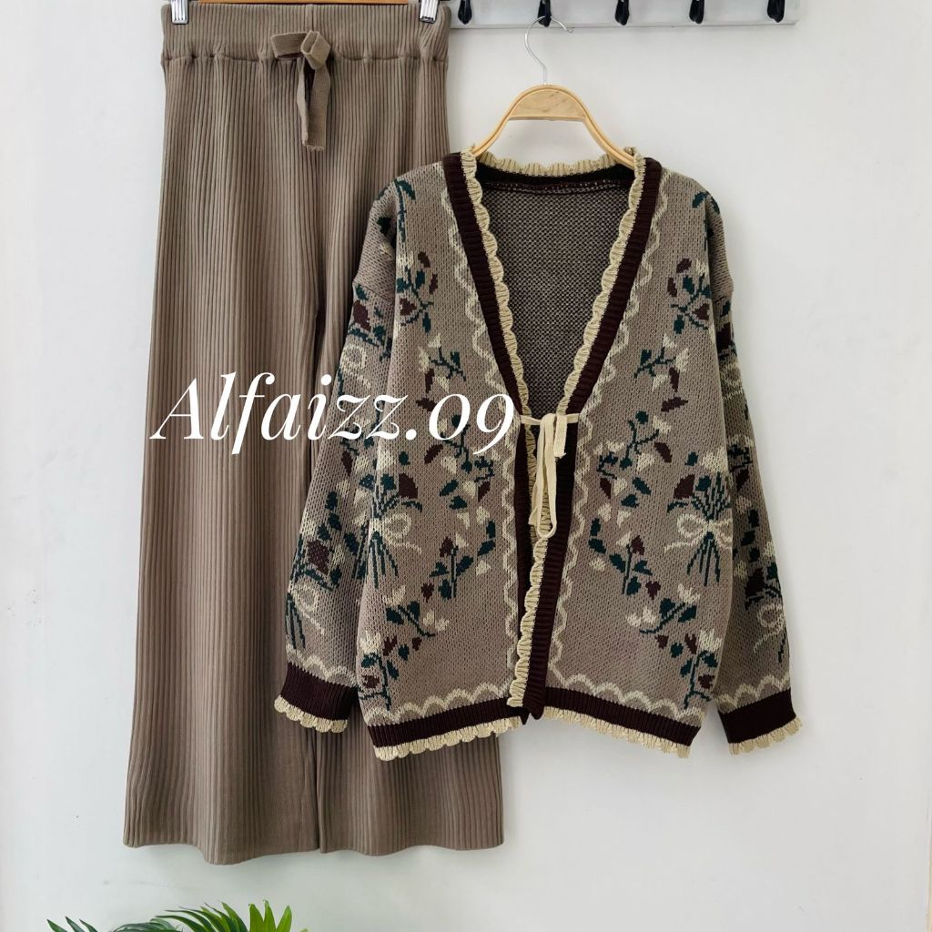 Oneset Eelweis Cardigan Rajut Motif Tali Pita Bunga Setelan Celana Kulot Premium Wanita Lengan Panja