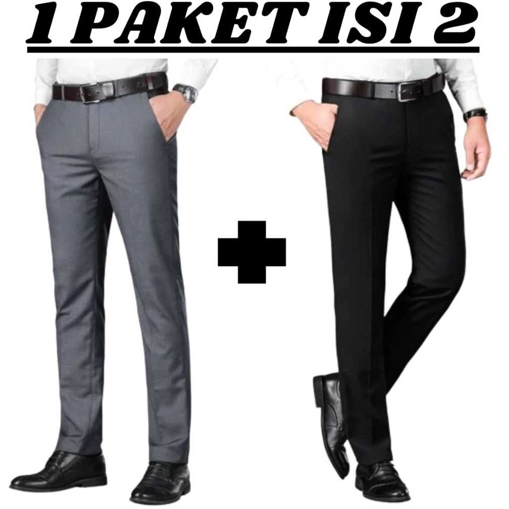 KODE U87B PROMO 1 PAKET ISI 2 PCS CELANA FORMAL PRIA SLIMFIT BAHAN DASAR KAIN WOLL BLACK PANJANG HIT