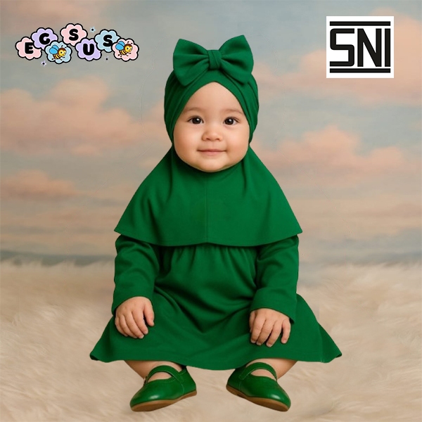 (EGSUS) Gamis Bayi  Hijab Syari Unik Free Turban Anak Lucu Balita Polos Spandek Jersey Hijau Botol