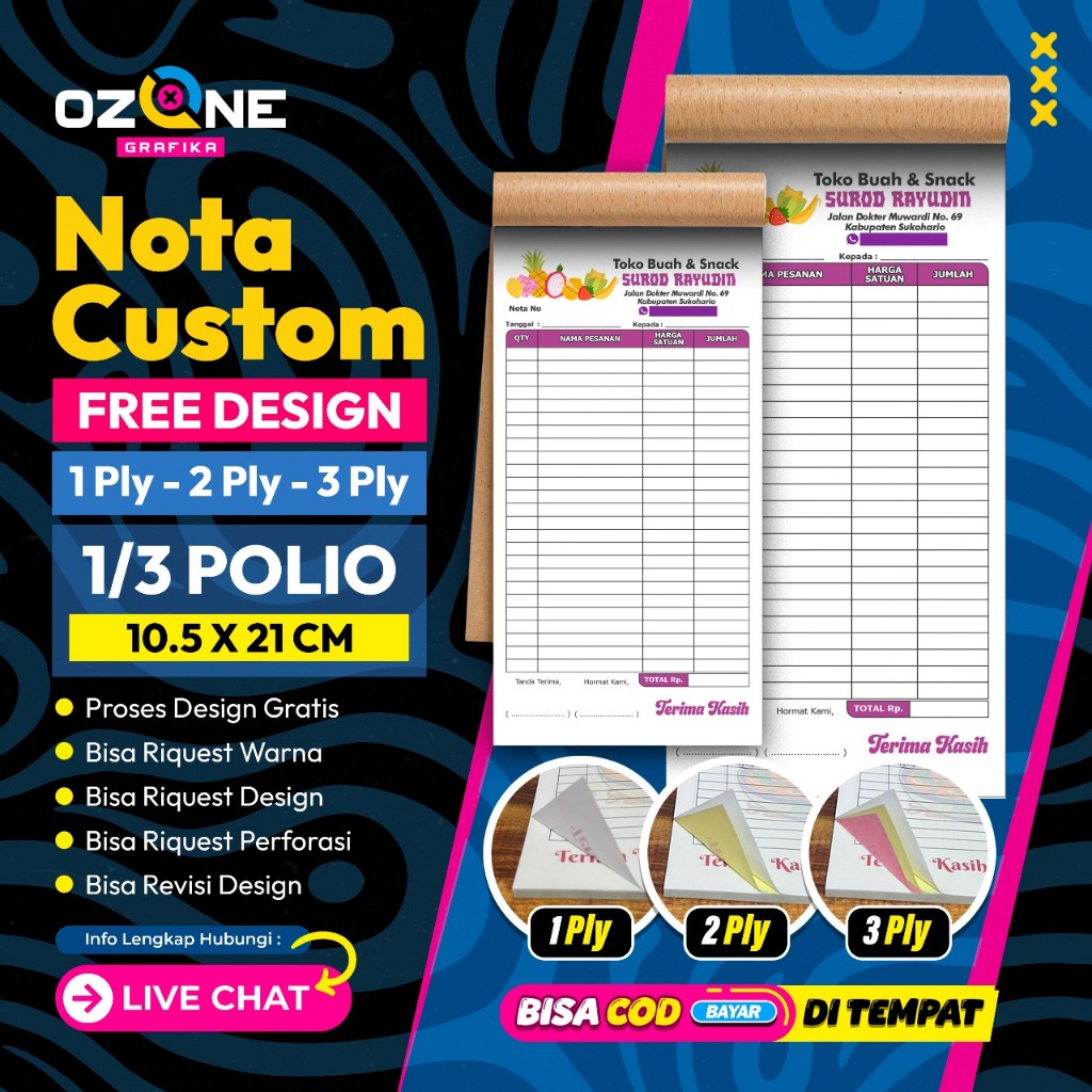 

Nota Costum 1/3 dengan 1 atau 2 Ply Gratis Desain Dan Logo Bebas Nama Sendiri di Ozone Grafika