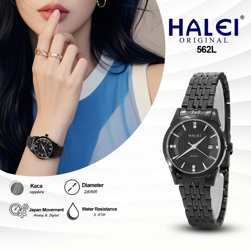 HALEI - Jam Tangan Cewek Premium Analog Ada Tanggal Tali Rantai Tahan Air 562L