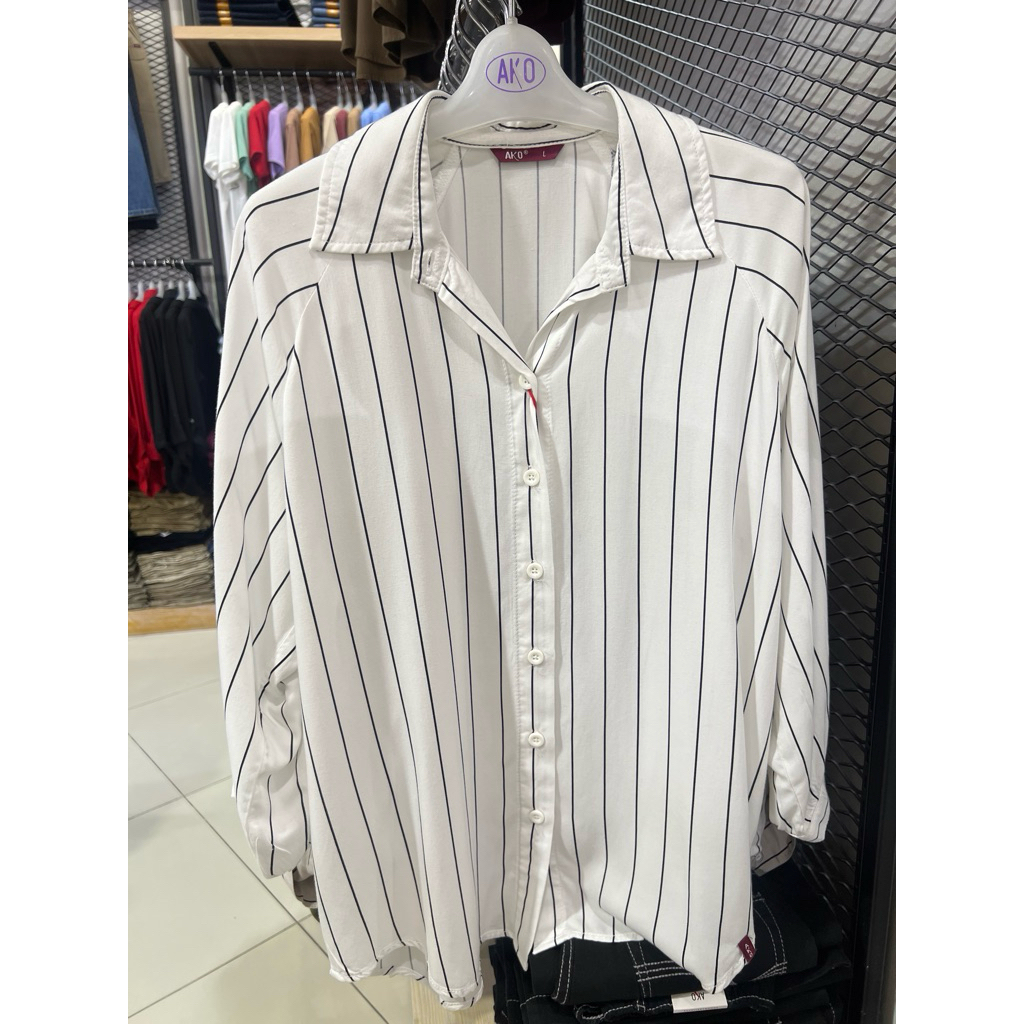 AKO JEANS - Kemeja Cewek Salur AKO , Kemeja Putih Salur