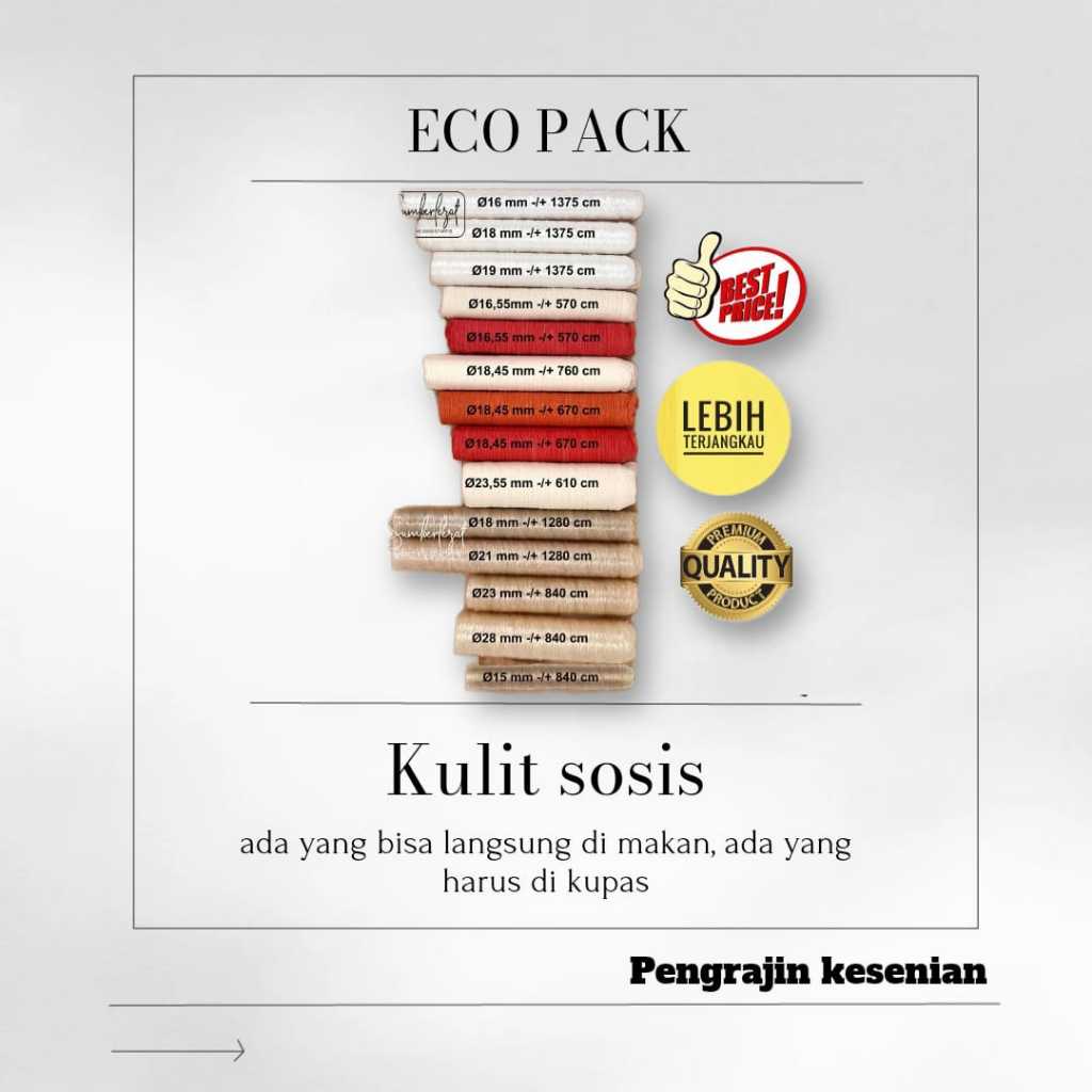 

TERMURAH ECO PACK - SELONGSONG CASING SOSIS , KULIT SOSIS , PLASTIK SOSIS, Casing kolagen, selulosa dan polyamide , perlengkapan makanan.