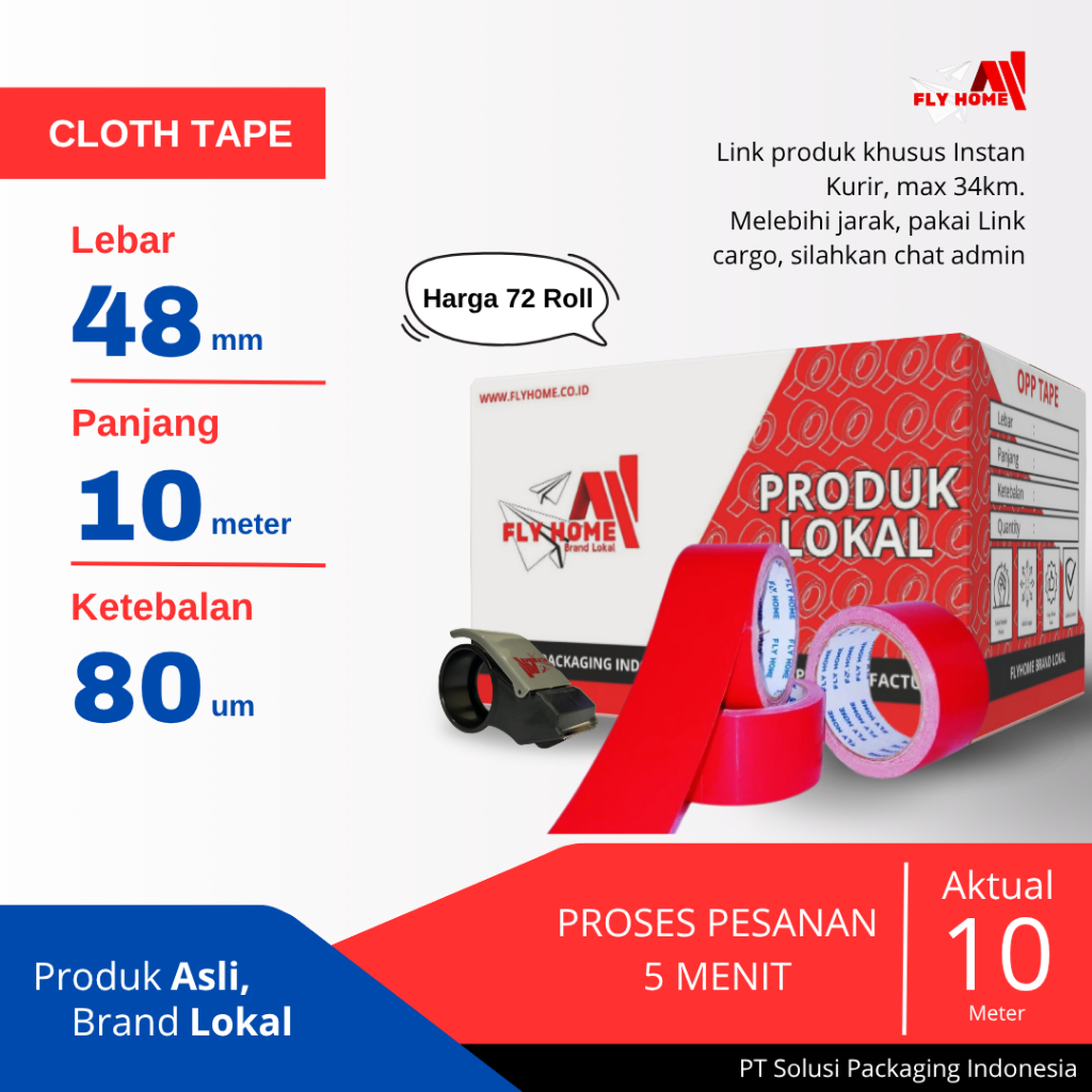 

FLYHOME Lakban jilid/kain merah 1 dus 48mm x 10meter cloth tape 72 roll ukuran Full Instan