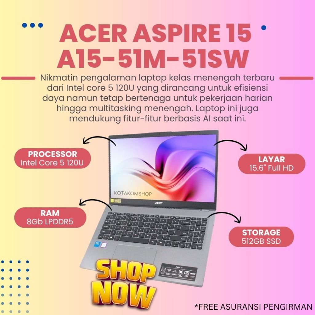 TERBARU Laptop Acer Aspire 15 - 51SW Core 5 - 120U Ram 8Gb DDR5 SSD 512Gb 15.6" FHD