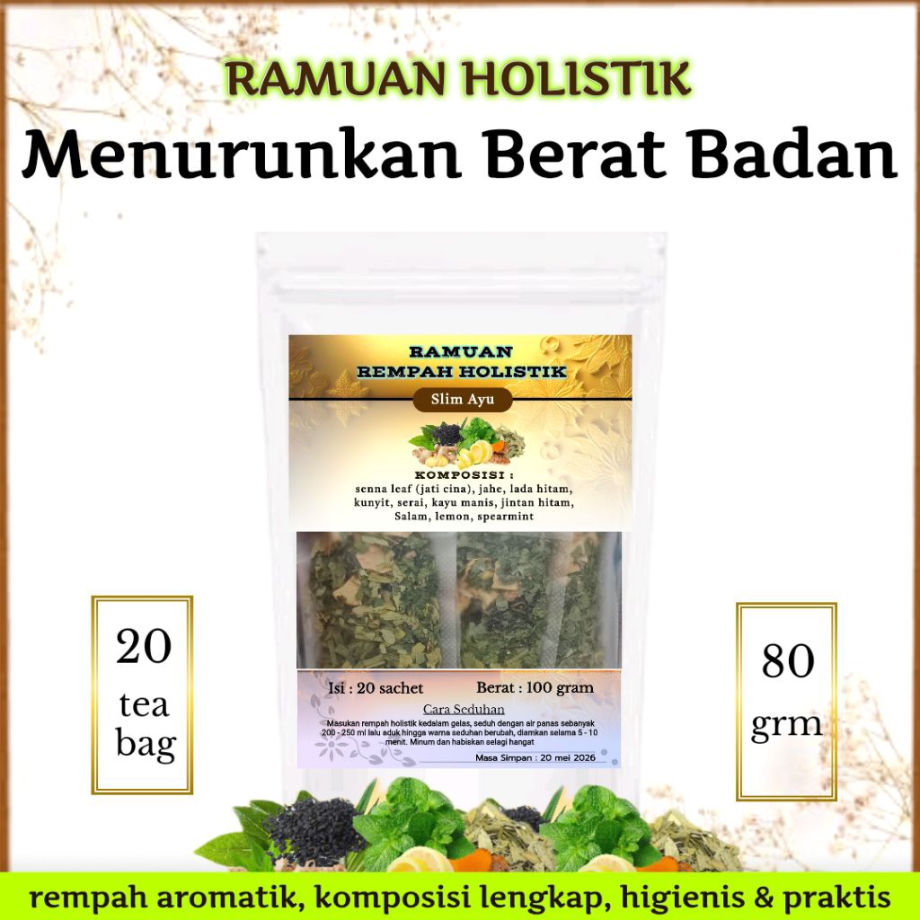 

Menurunkan Berat Badan - Pelangsing Alami | Ramuan Holistik : senna leaft jati cina, lemon, spearmint, jintan hitam, jahe, kunyit, serai dll | 20 tea bag