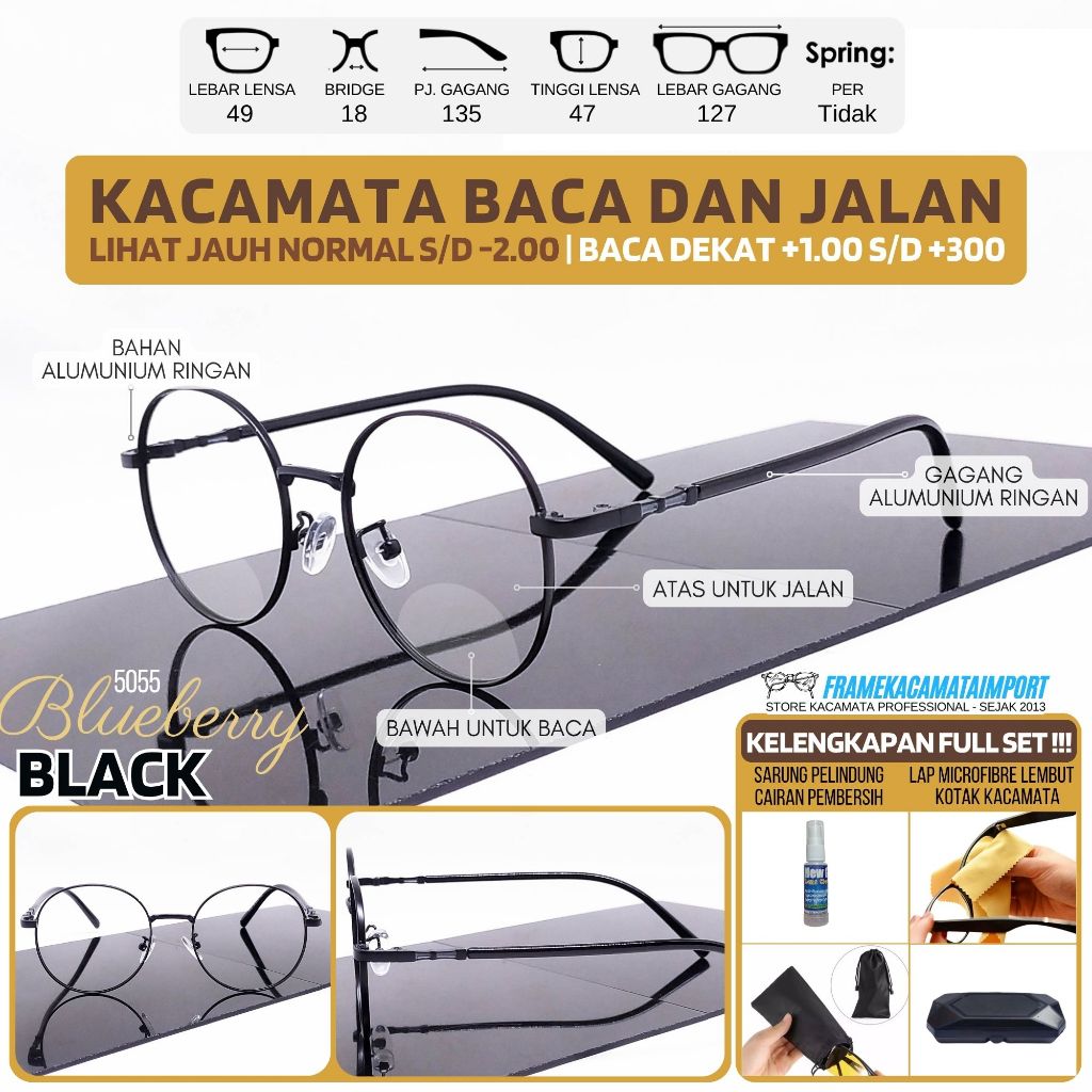 Kacamata Baca Dan Jalan Double Fokus Besi Ringan Bulat Plus +100 s/d +300