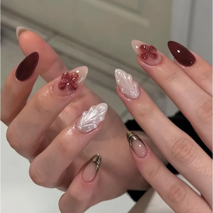 3D Maroon Flower Fake Nails