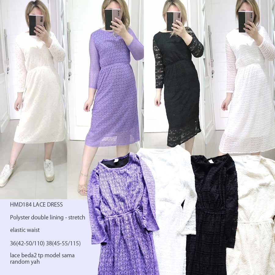 HMD184 LACE DRESS Midi lengan panjang brokat hitam putih ungu