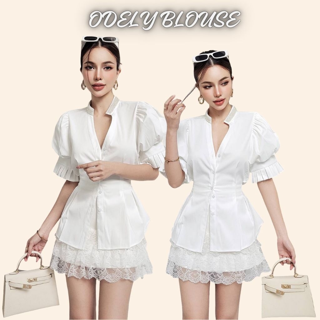 Odely Blouse Wanita Premium Model Kerah Shanghai Kancing Depan Puff Sleeve Detail Plisket Lengan Pep