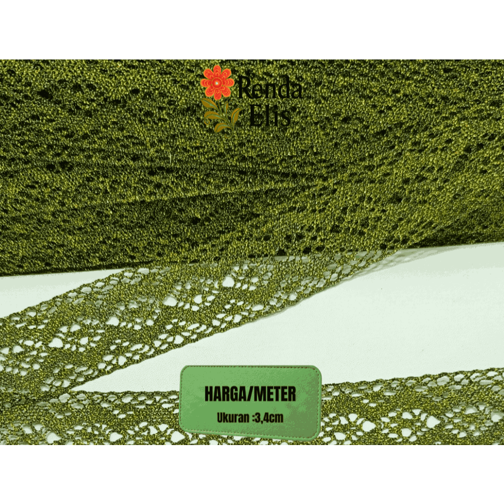 renda rajut emas hijau _ renda gold  _ renda hijau keemasan _ renda kait gold murah  5rb/meter (100C