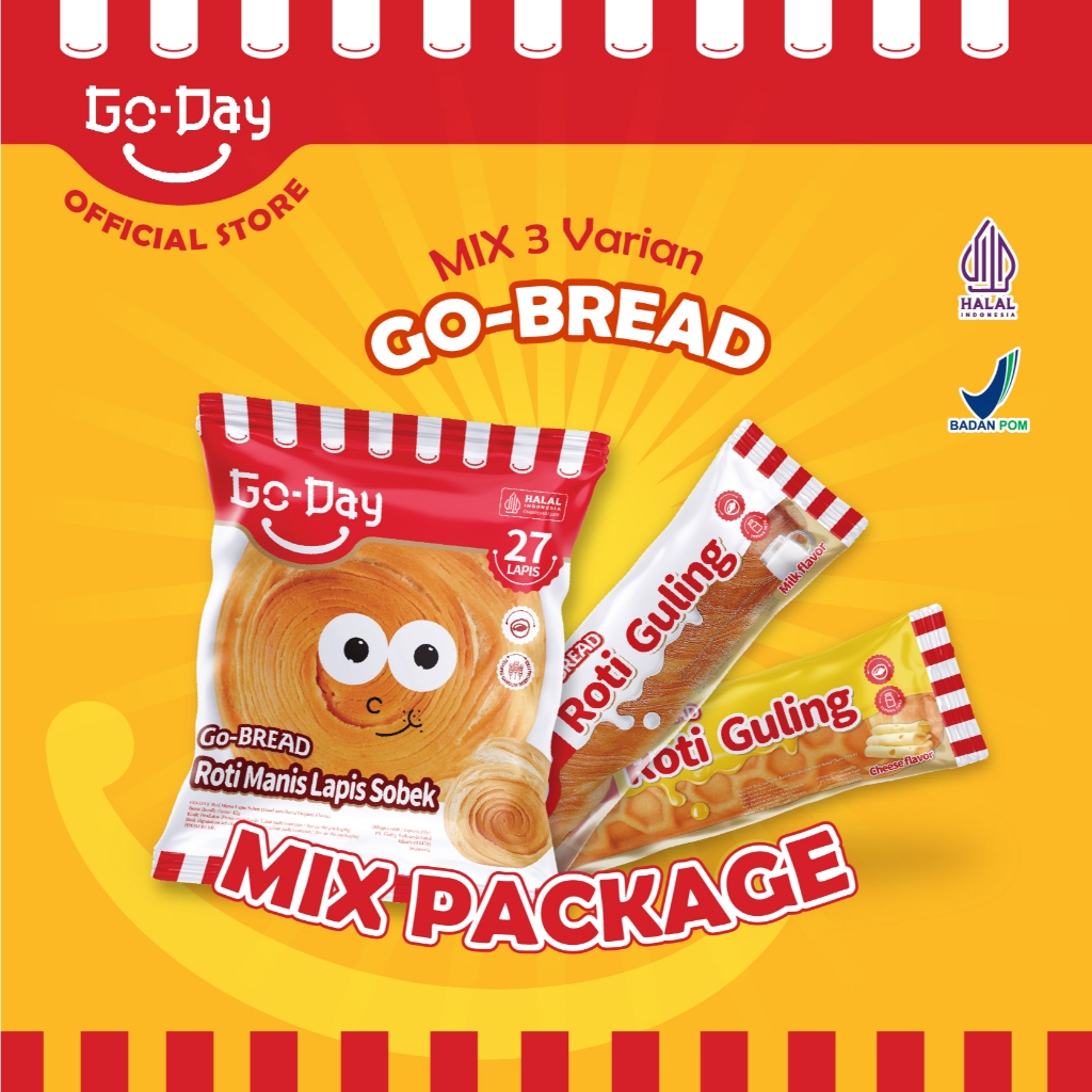 

Mix Bundling Go-Day Go-Bread Roti Guling Rasa Susu, Roti Guling Rasa Keju, & Roti Manis Lapis Sobek
