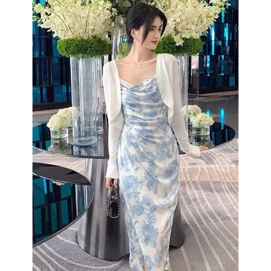 Blue Floral Dress Biru Muda Summer Elegant Long Dress Pantai Wanita Korea Party import baju dress bo