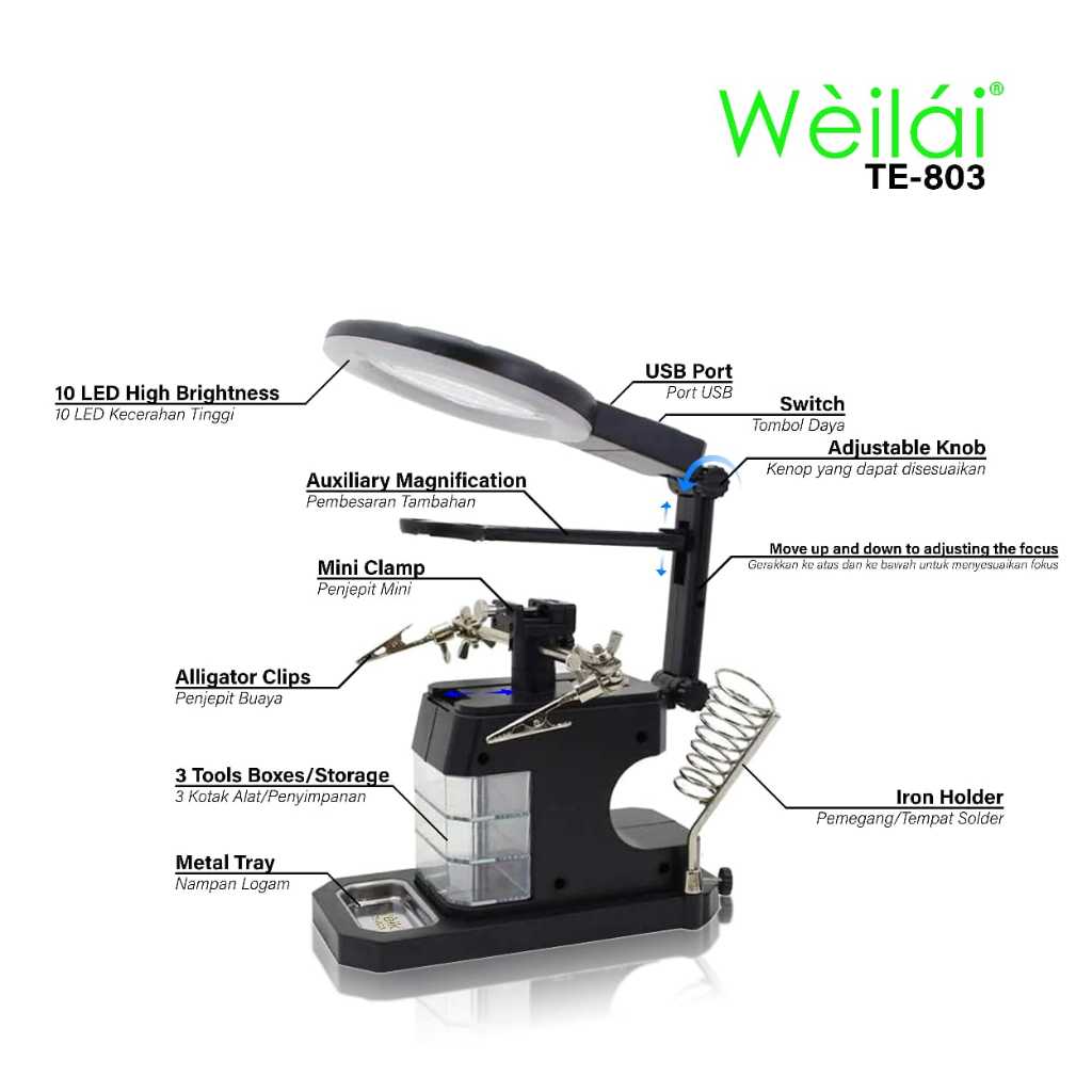 PENJEPIT PCB & KACA PEMBESAR & DUDUKAN SOLDER WEILAI TE-803 ORIGINAL