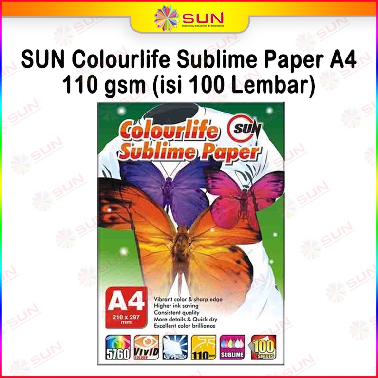 

KODE W62H Kertas Sablon Sublim Transfer Paper A4 F4A3 11 Gram SUN Sublime Max Colourlife Sublime Paper A4 isi 1 Lembar untuk mesin press mug mesin press kaos keramik piring topi plat alumium puzzle bantal