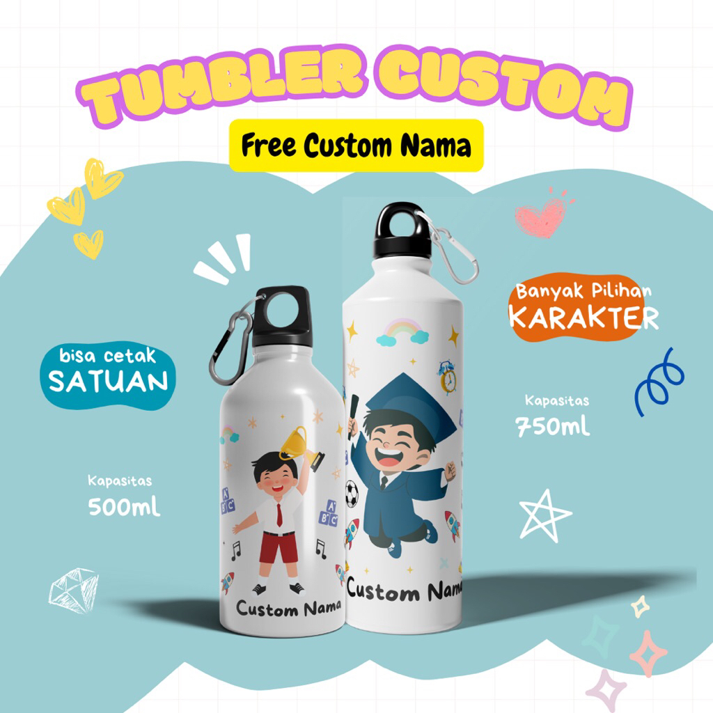 Tumbler Custom Nama Anak – Pilihan Karakter Lucu – Bisa Cetak Satuan – 500ml 750ml