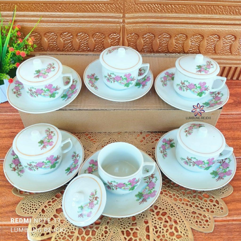 (COD) CANGKIR KOPI KERAMIK JADUL LENGKAP TUTUP / SET CANGKIR KERAMIK KOPI JADUL MOTIF BUNGA / CANGKI