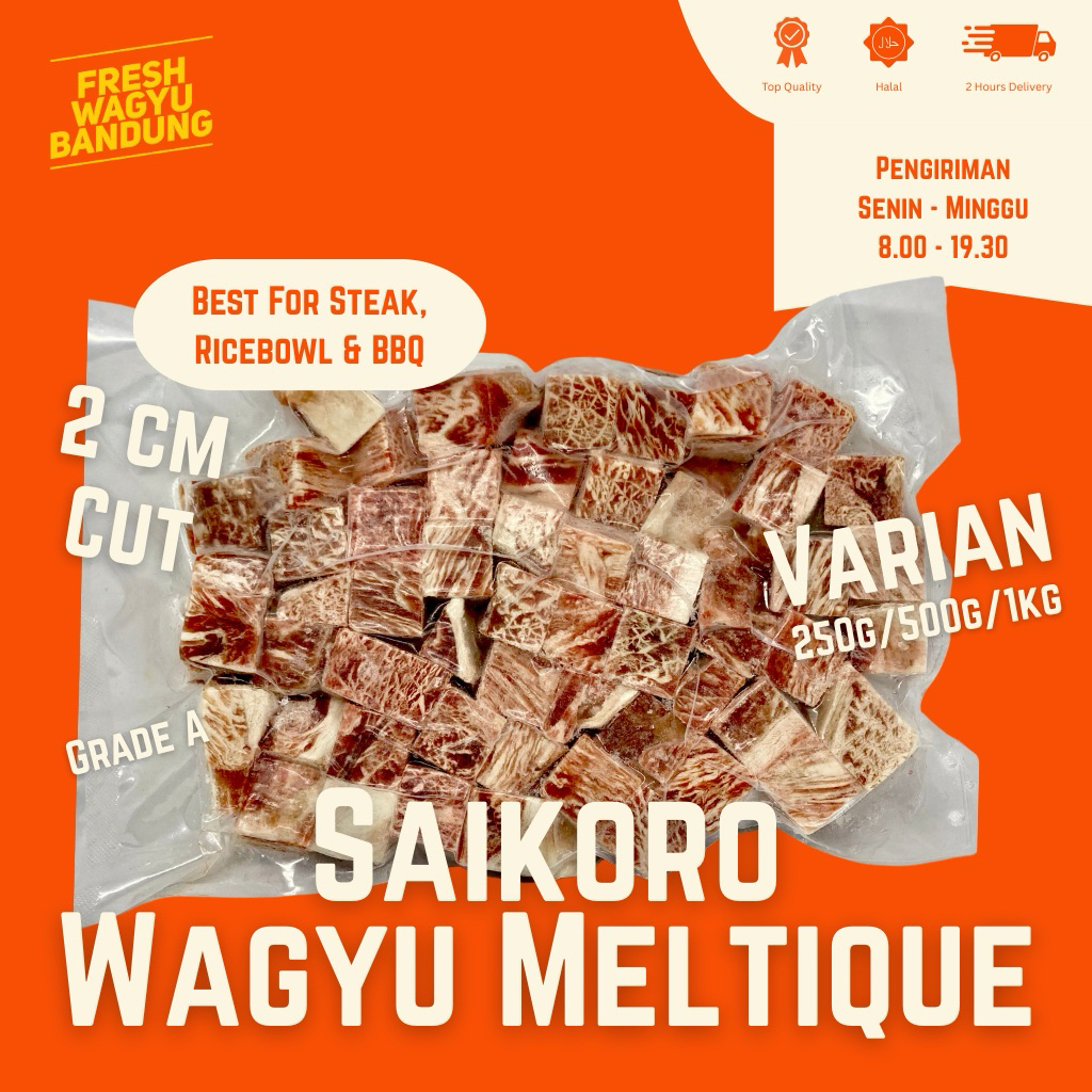 

Saikoro Beef Wagyu Grade A Meltique Import 250GR / 500GR / 1000GR