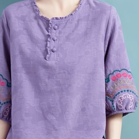 Blus Lengan Lentera Katun Linen Bordir Vintage Wanita